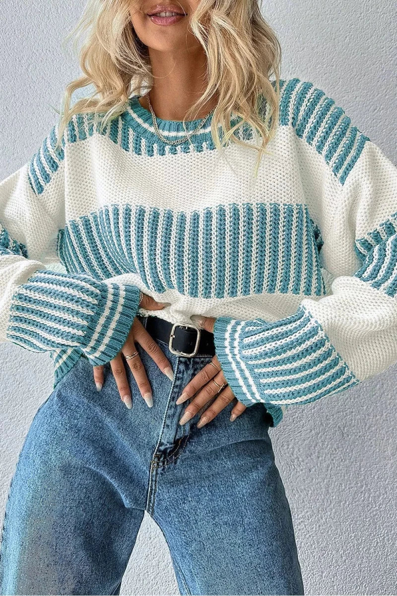 Two Tone Striped Patchwork Drop Shoulder Loose Sweater - Wow Store