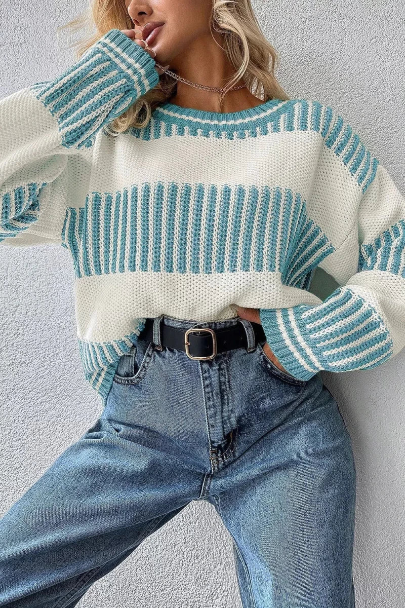Two Tone Striped Patchwork Drop Shoulder Loose Sweater - Wow Store