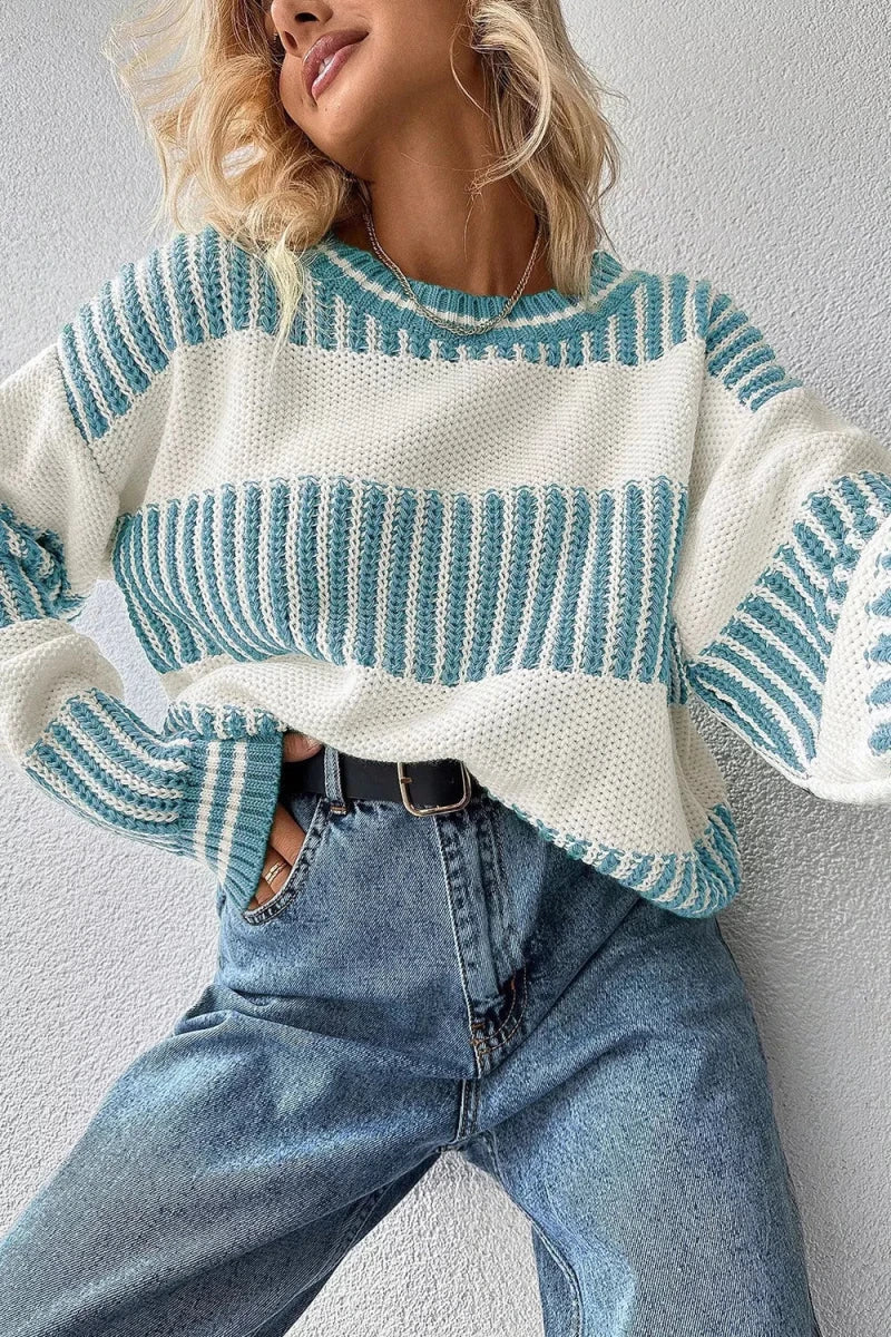 Two Tone Striped Patchwork Drop Shoulder Loose Sweater - Wow Store
