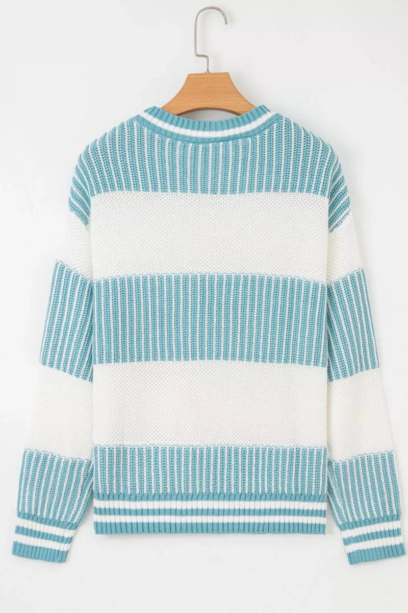 Two Tone Striped Patchwork Drop Shoulder Loose Sweater - Wow Store