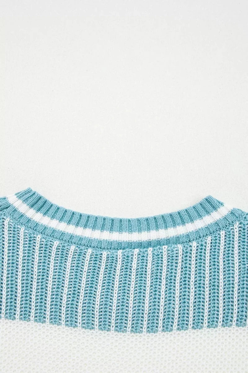 Two Tone Striped Patchwork Drop Shoulder Loose Sweater - Wow Store