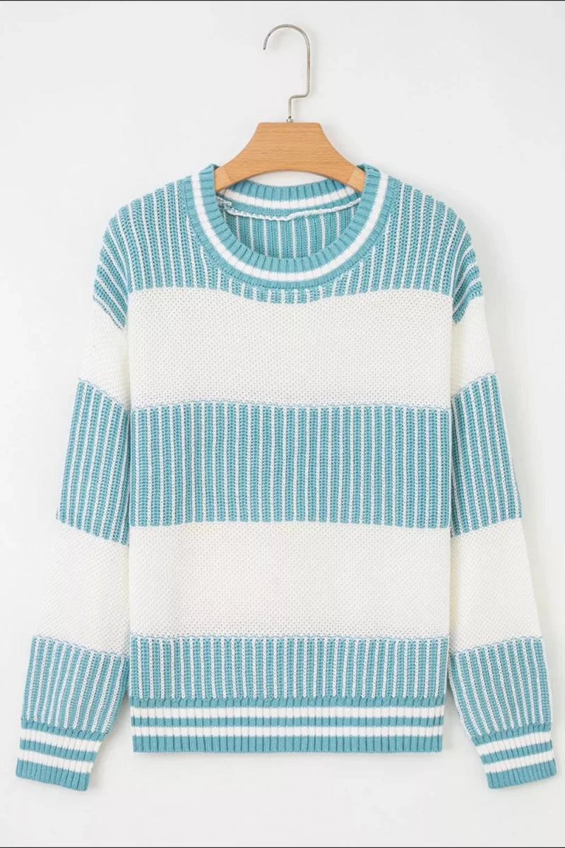 Two Tone Striped Patchwork Drop Shoulder Loose Sweater - Wow Store