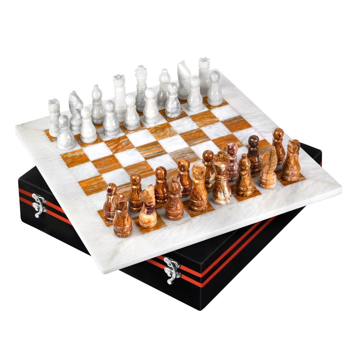 UMAID Handmade Marble Chess Set Board Game with Luxury Velvet Gift Box - 12” Elegant White & Brown Onyx Marble Chess... - Wow Store
