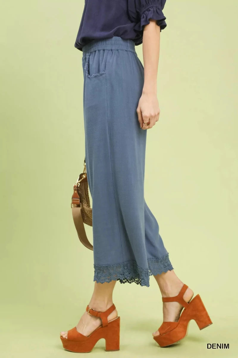 Umgee Linen Wide Leg Cropped Pants with Lace Trim - Wow Store