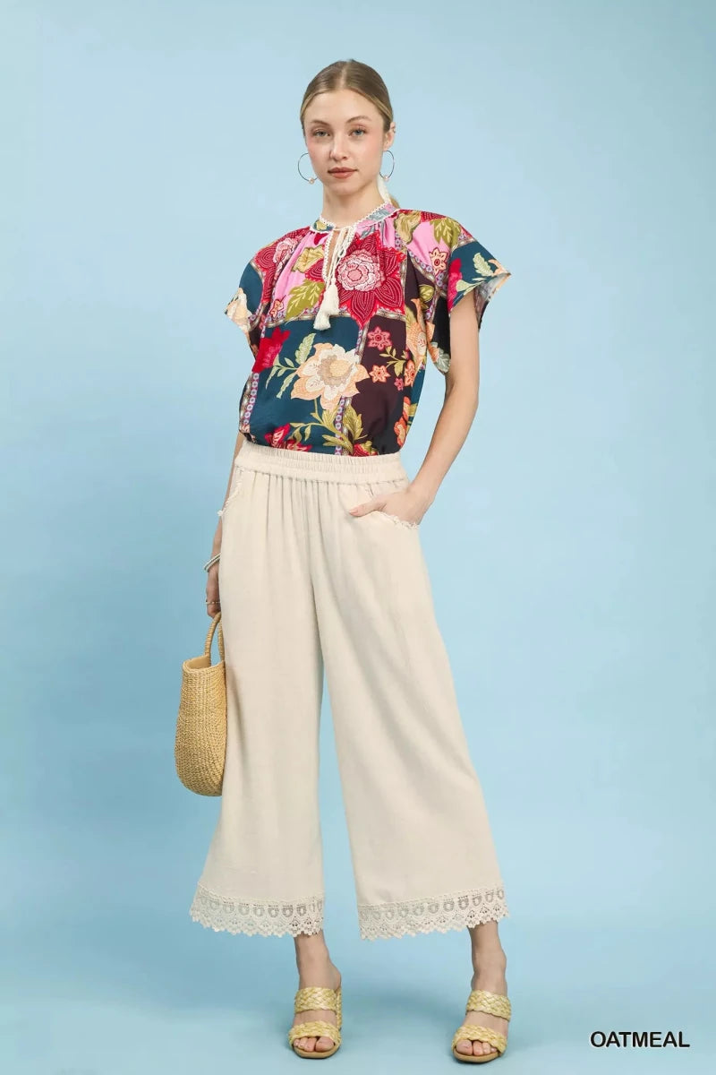 Umgee Linen Wide Leg Cropped Pants with Lace Trim - Wow Store