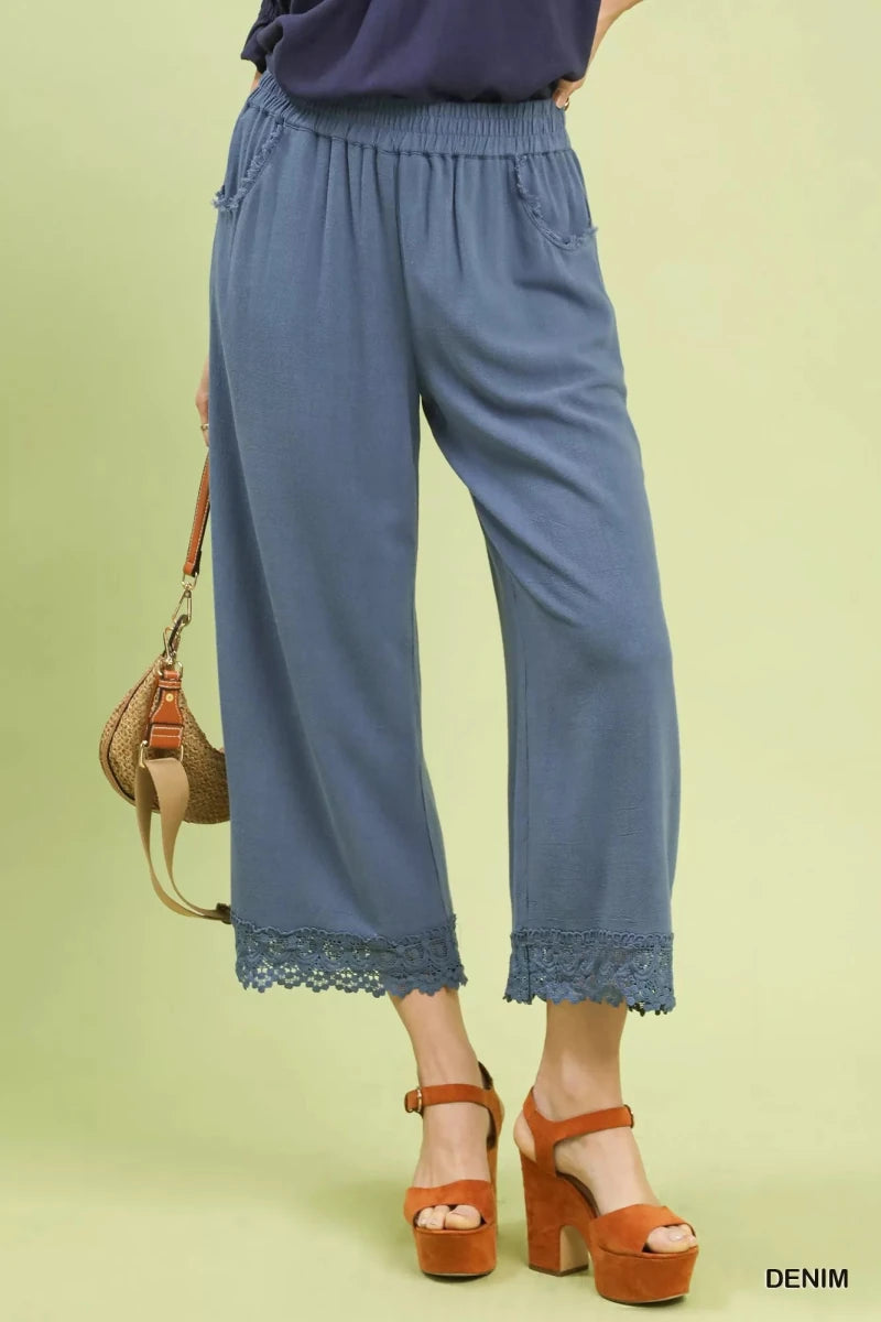 Light blue linen wide leg cropped pants with floral lace trim, relaxed fit, summer fashion