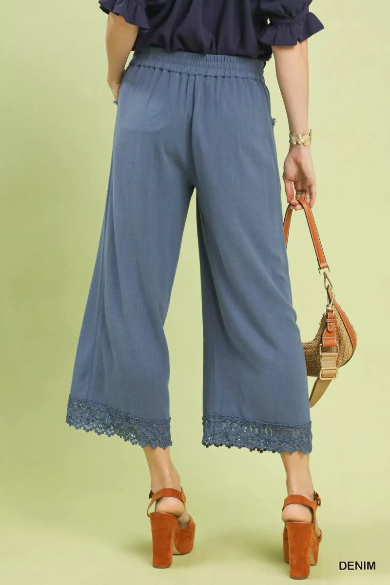 Umgee Linen Wide Leg Cropped Pants with Lace Trim - Wow Store