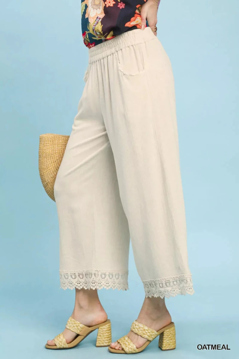 Umgee Linen Wide Leg Cropped Pants with Lace Trim - Wow Store
