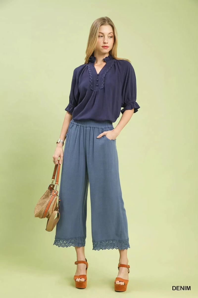 Umgee Linen Wide Leg Cropped Pants with Lace Trim - Wow Store