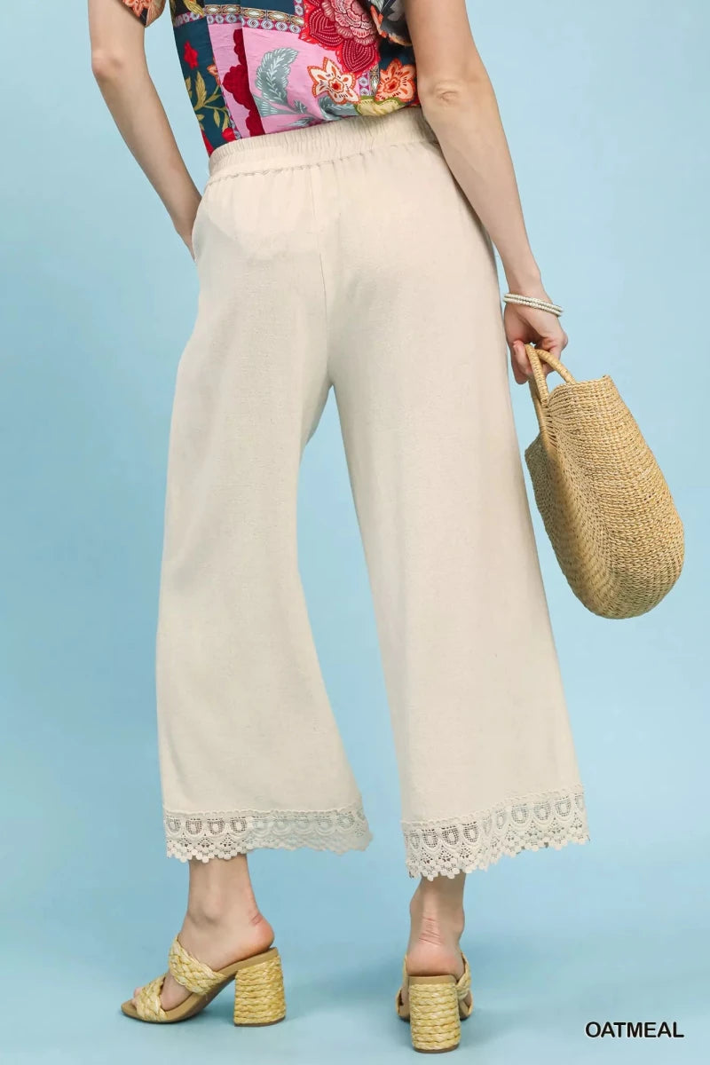 Umgee Linen Wide Leg Cropped Pants with Lace Trim - Wow Store