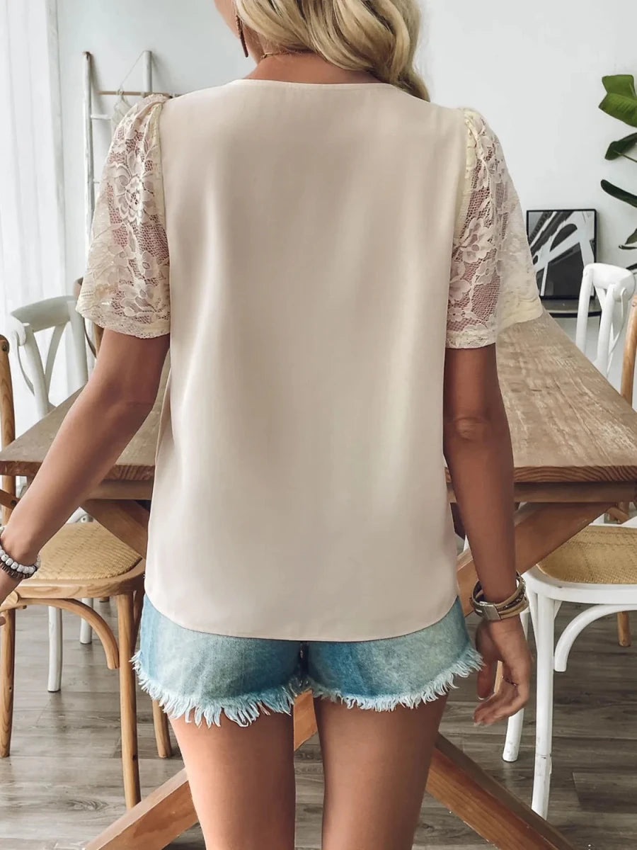 V - Neck Lace Short Sleeve T-Shirt - Wow Store