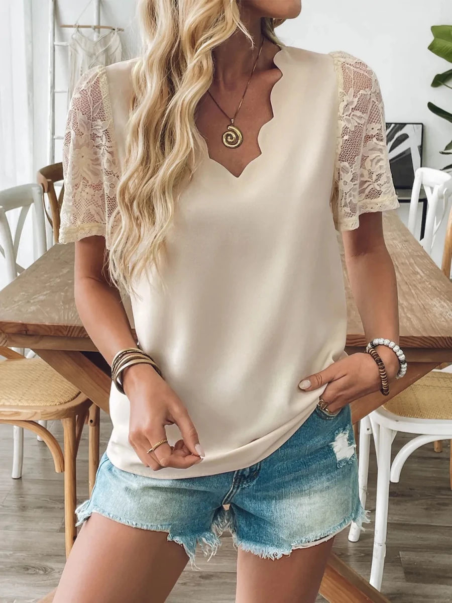 V - Neck Lace Short Sleeve T-Shirt - Wow Store