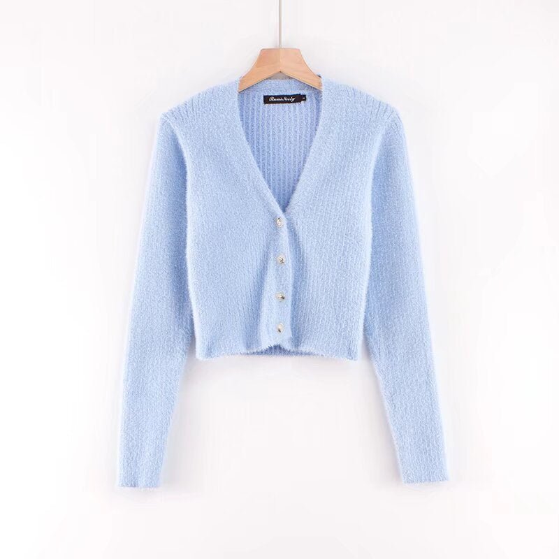 V - neck long sleeved cardigan sweater - Wow Store