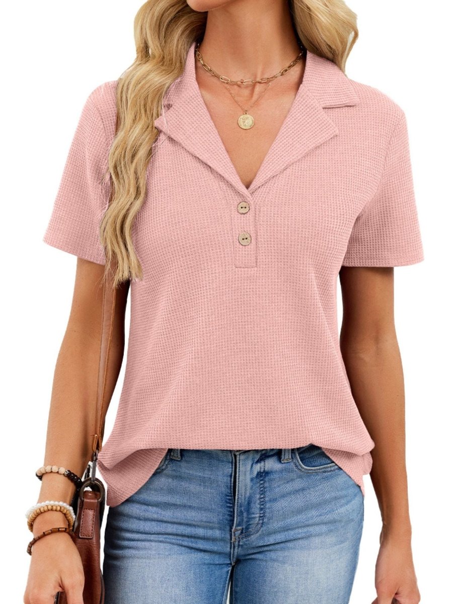 Waffle Knit Button Detail T-Shirt - Wow Store