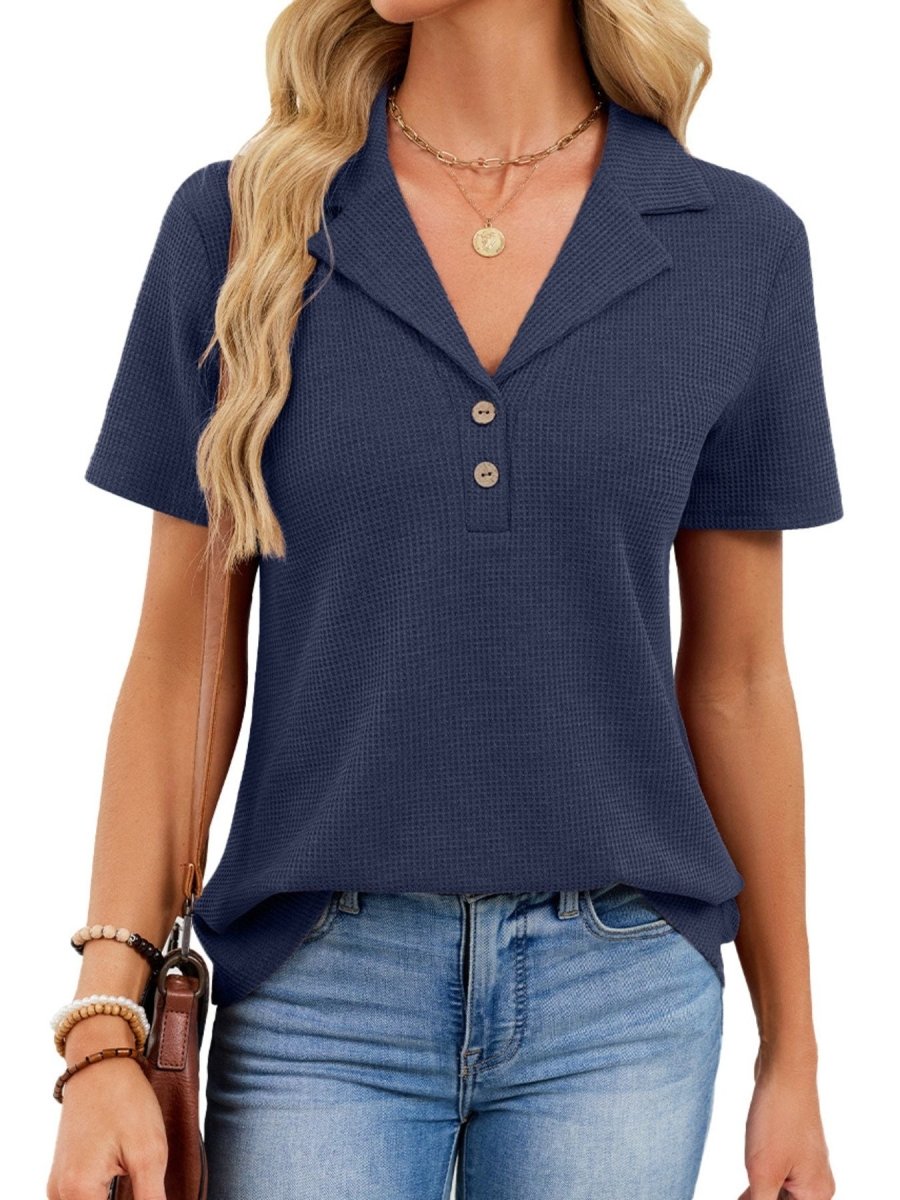 Waffle Knit Button Detail T-Shirt - Wow Store