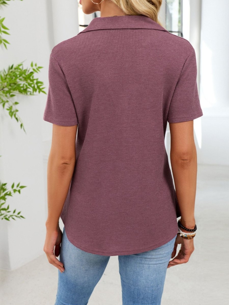 Waffle Knit Button Detail T-Shirt - Wow Store