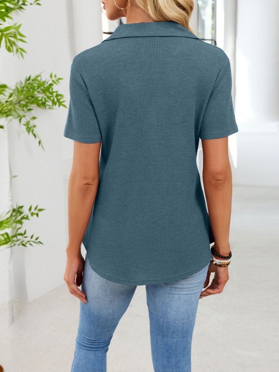 Waffle Knit Button Detail T-Shirt - Wow Store