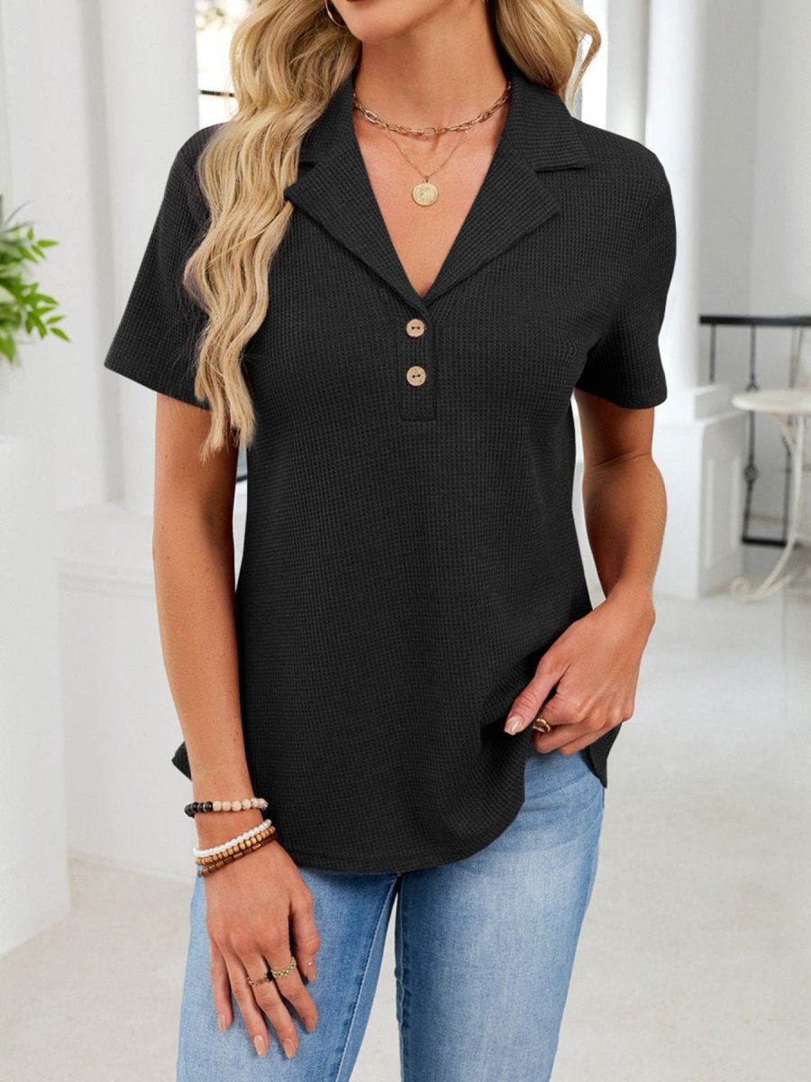 Waffle Knit Button Detail T-Shirt - Wow Store