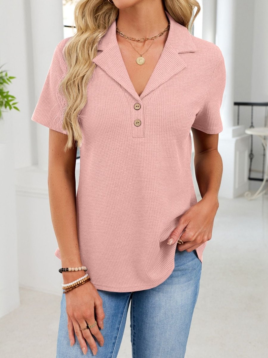 Waffle Knit Button Detail T-Shirt - Wow Store