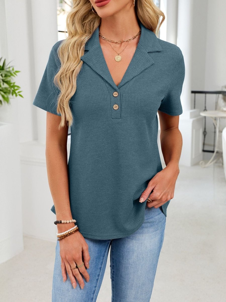 Waffle Knit Button Detail T-Shirt - Wow Store