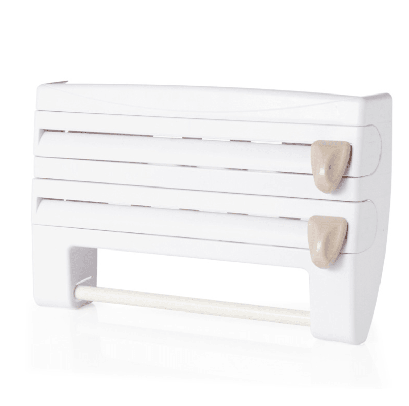 White holder with beige slider knobs and the bar for the kitchen roll