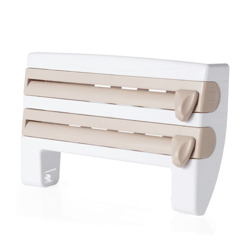 Khaki and white holder with two roll compartments and a shelf on top