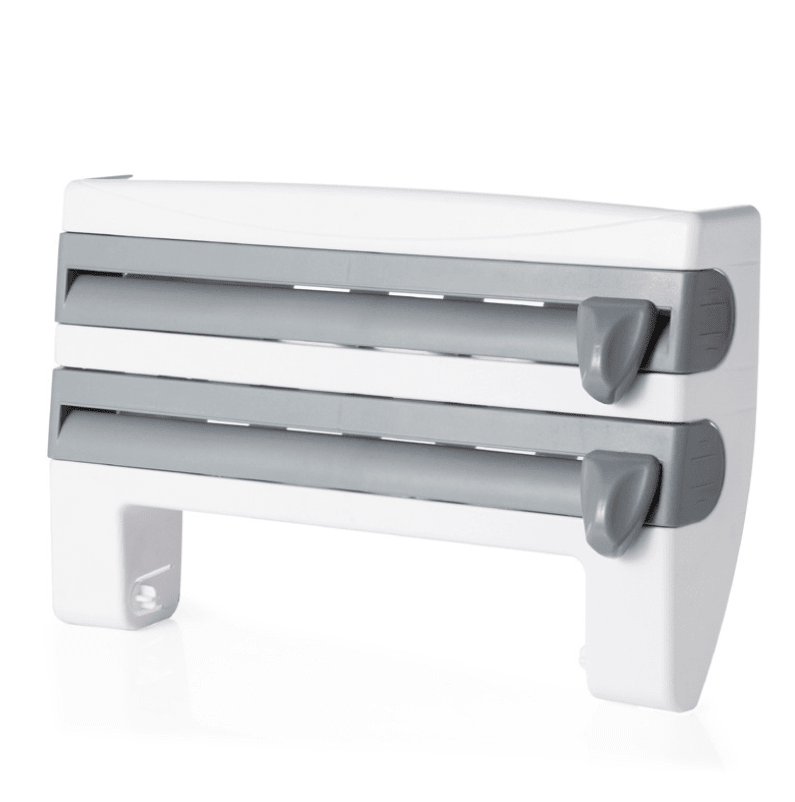 Grey and white holder for kitchen roll, foil and cling film with two sliding cutters