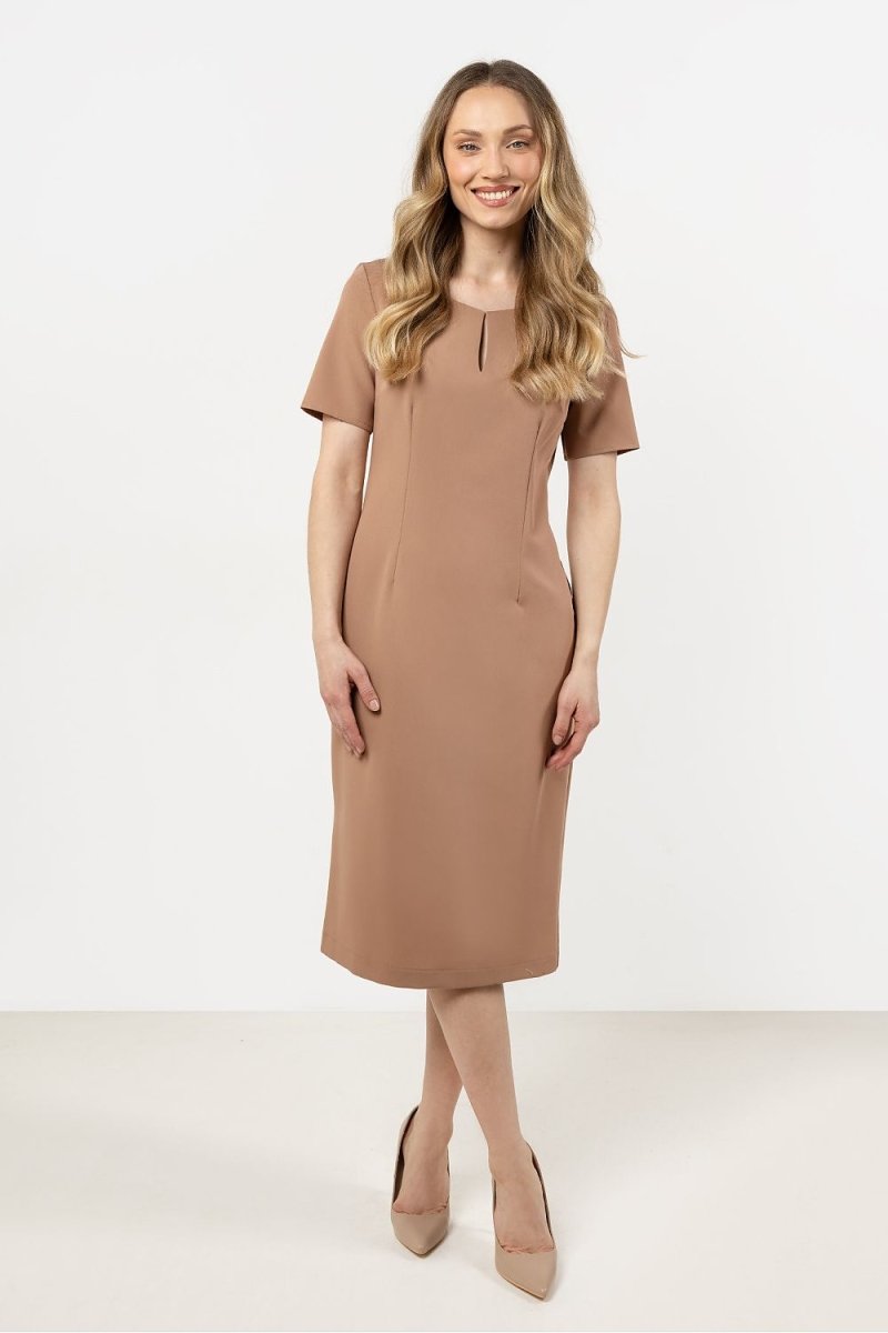 Women's A-Line Day Dress with floral print in soft pastel tones, elegant midi length, perfect for spring and summer occasions