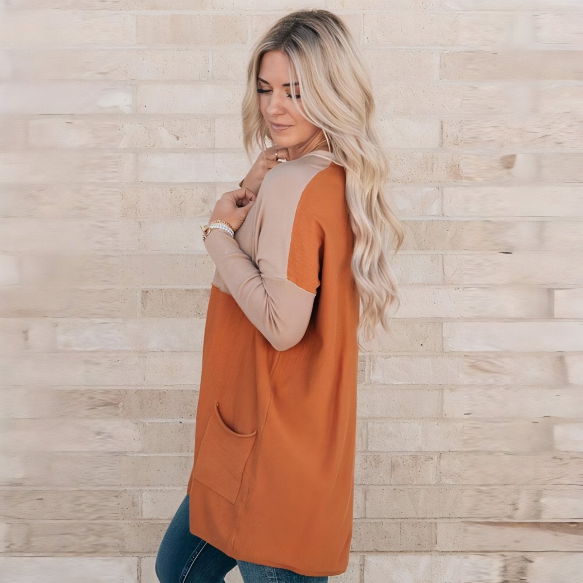 Women's Orange Pocket Color Matching Long - sleeved Top T-shirt - Wow Store
