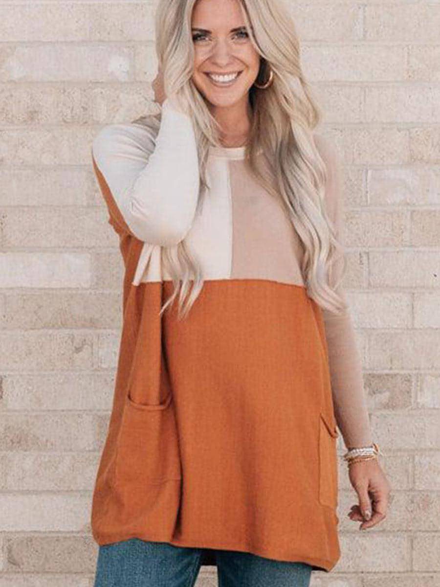 Women's Orange Pocket Color Matching Long - sleeved Top T-shirt - Wow Store