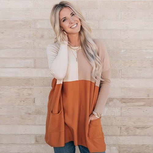 Women's Orange Pocket Color Matching Long - sleeved Top T-shirt - Wow Store