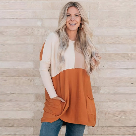 Women's Orange Pocket Color Matching Long - sleeved Top T-shirt - Wow Store