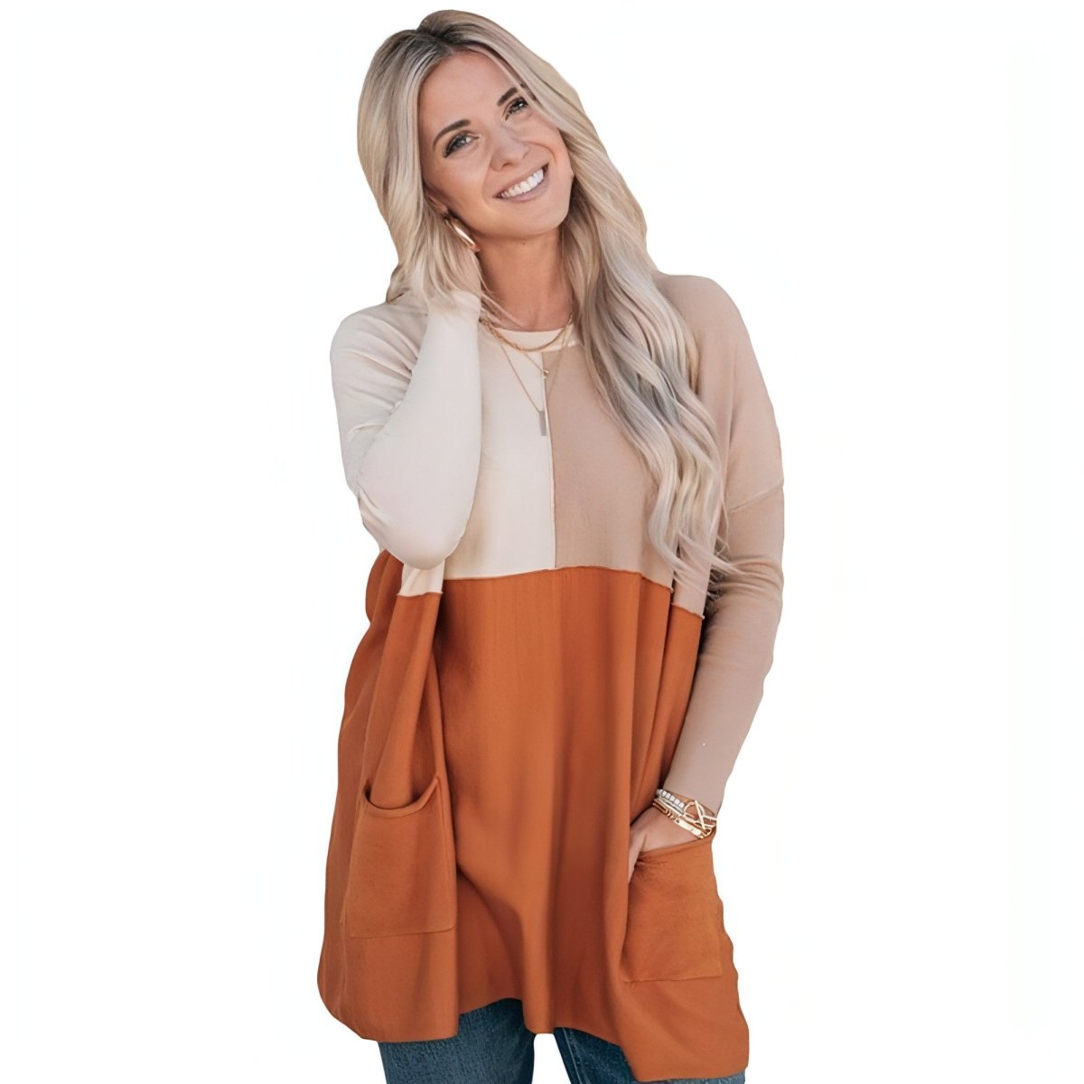 Women's Orange Pocket Color Matching Long - sleeved Top T-shirt - Wow Store