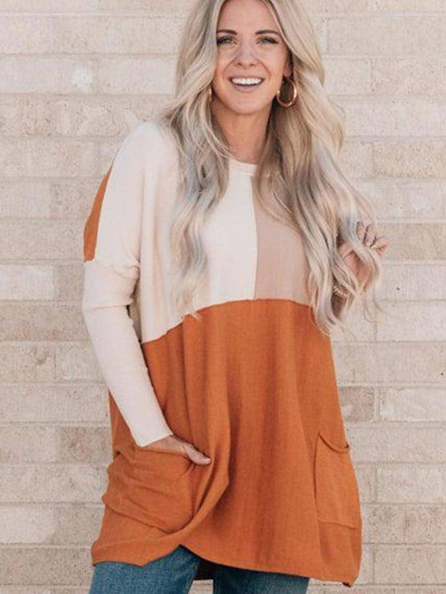 Women's Orange Pocket Color Matching Long - sleeved Top T-shirt - Wow Store