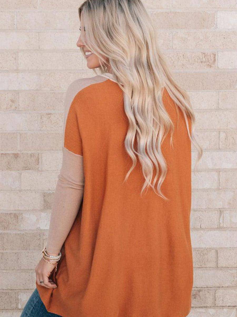 Women's Orange Pocket Color Matching Long - sleeved Top T-shirt - Wow Store