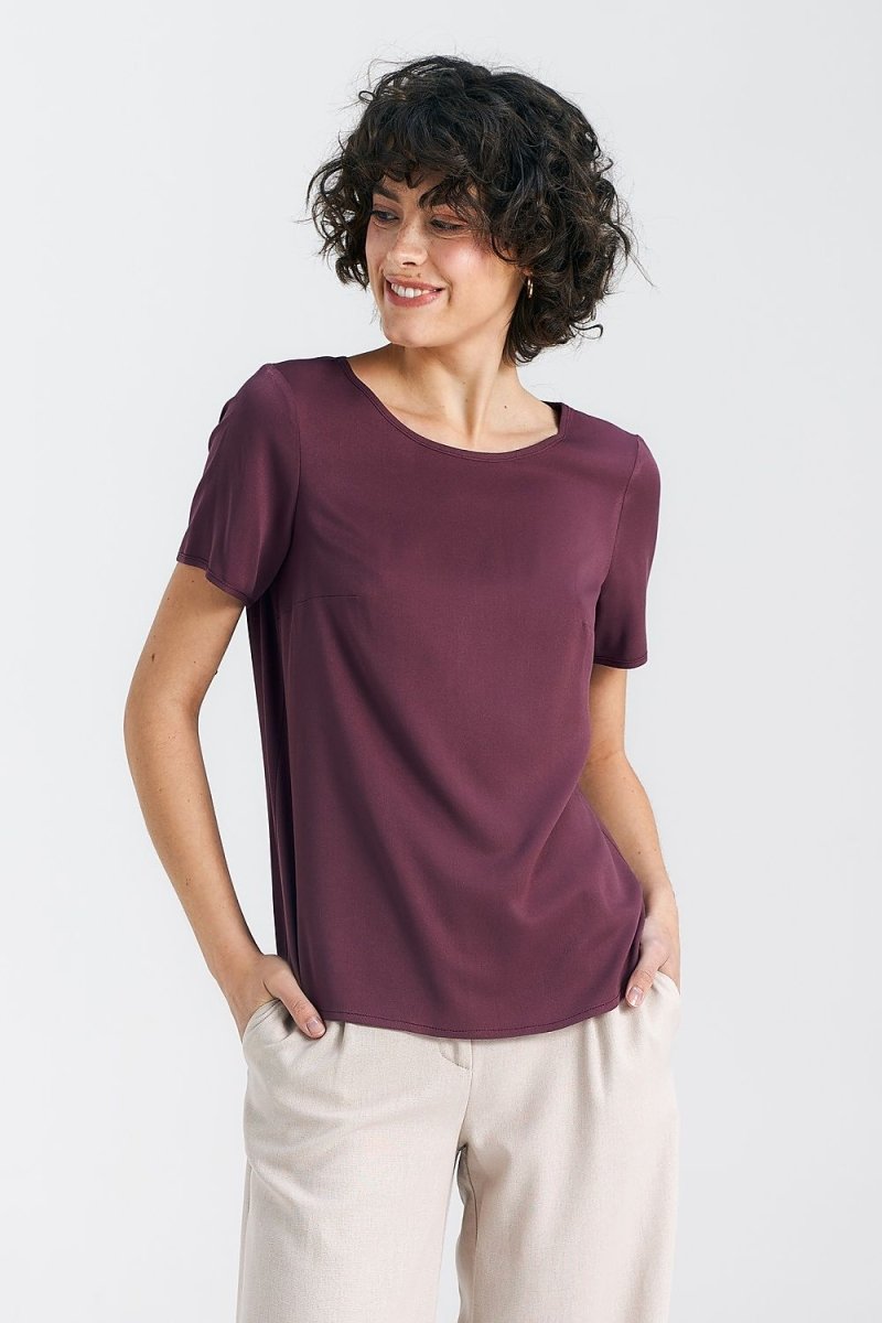WOW FASHION | Nife Regular Cut Blouse - Classic Boat Neckline Purple Viscose Top - Wow Store