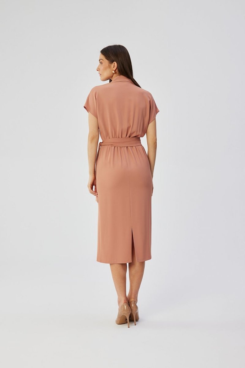 WOW FASHION | Stylove Elegant Envelope Midi Dress - Kimono Sleeves Collar Belted Feminine Day Dress - Wow Store
