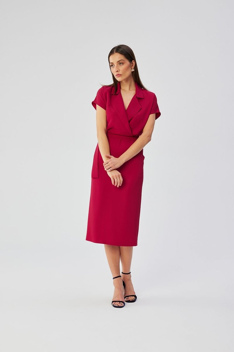 WOW FASHION | Stylove Elegant Envelope Midi Dress - Kimono Sleeves Collar Belted Feminine Day Dress - Wow Store