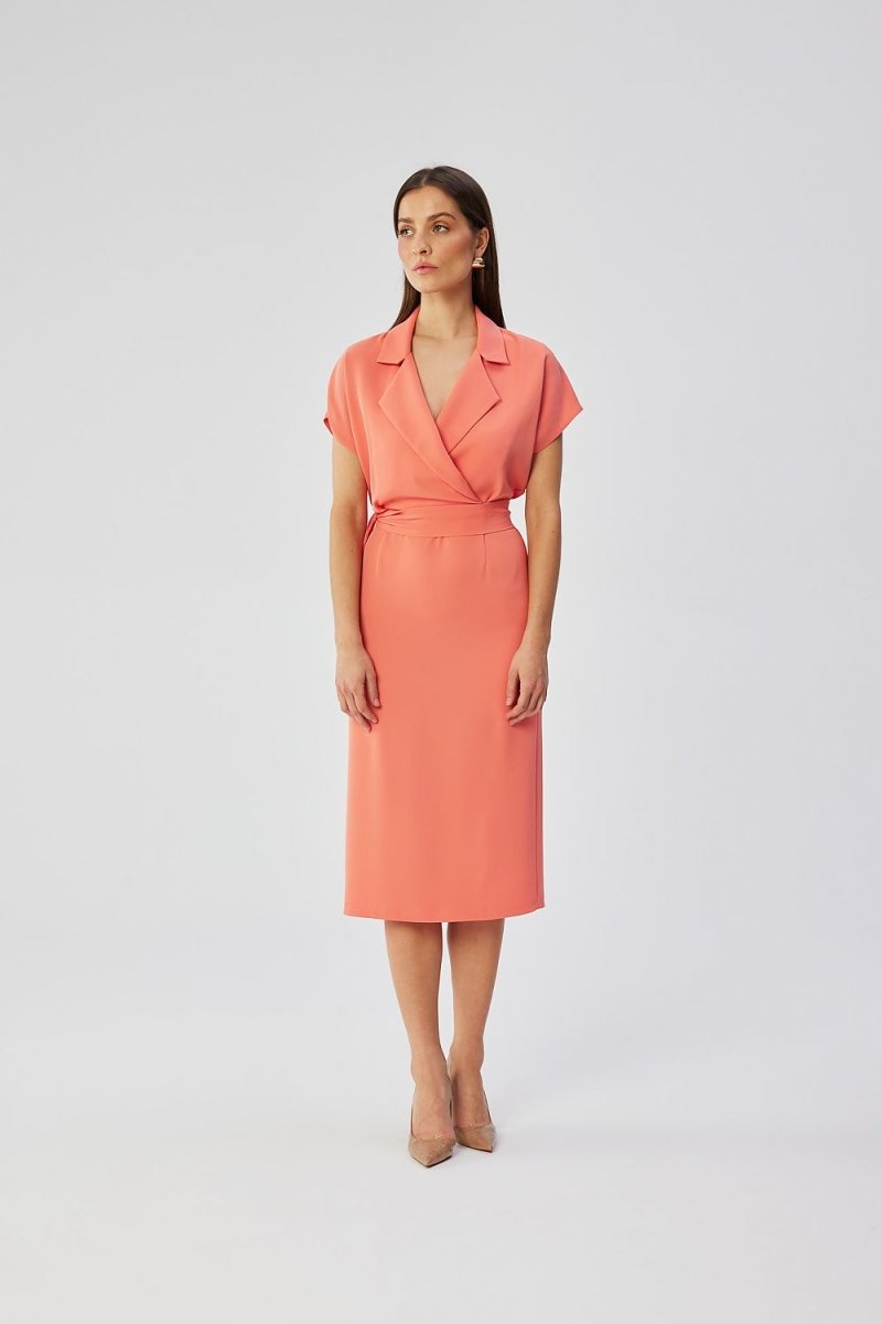 WOW FASHION | Stylove Elegant Envelope Midi Dress - Kimono Sleeves Collar Belted Feminine Day Dress - Wow Store