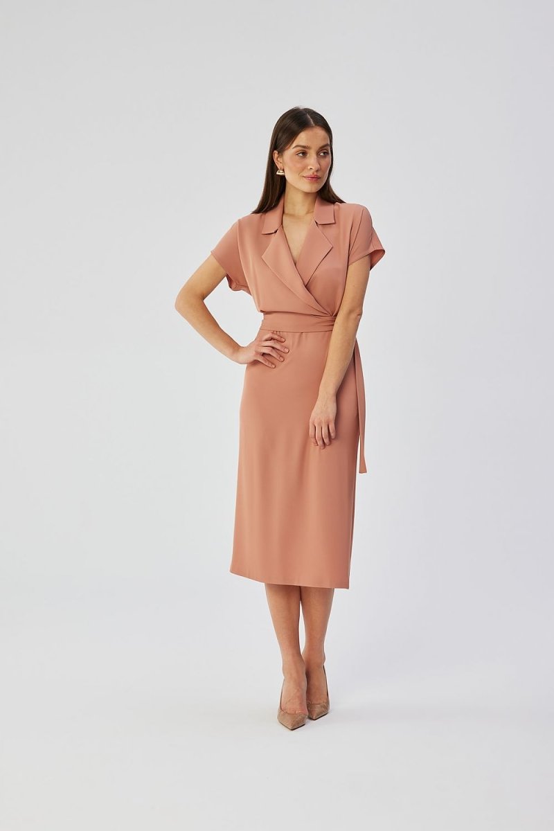WOW FASHION | Stylove Elegant Envelope Midi Dress - Kimono Sleeves Collar Belted Feminine Day Dress - Wow Store