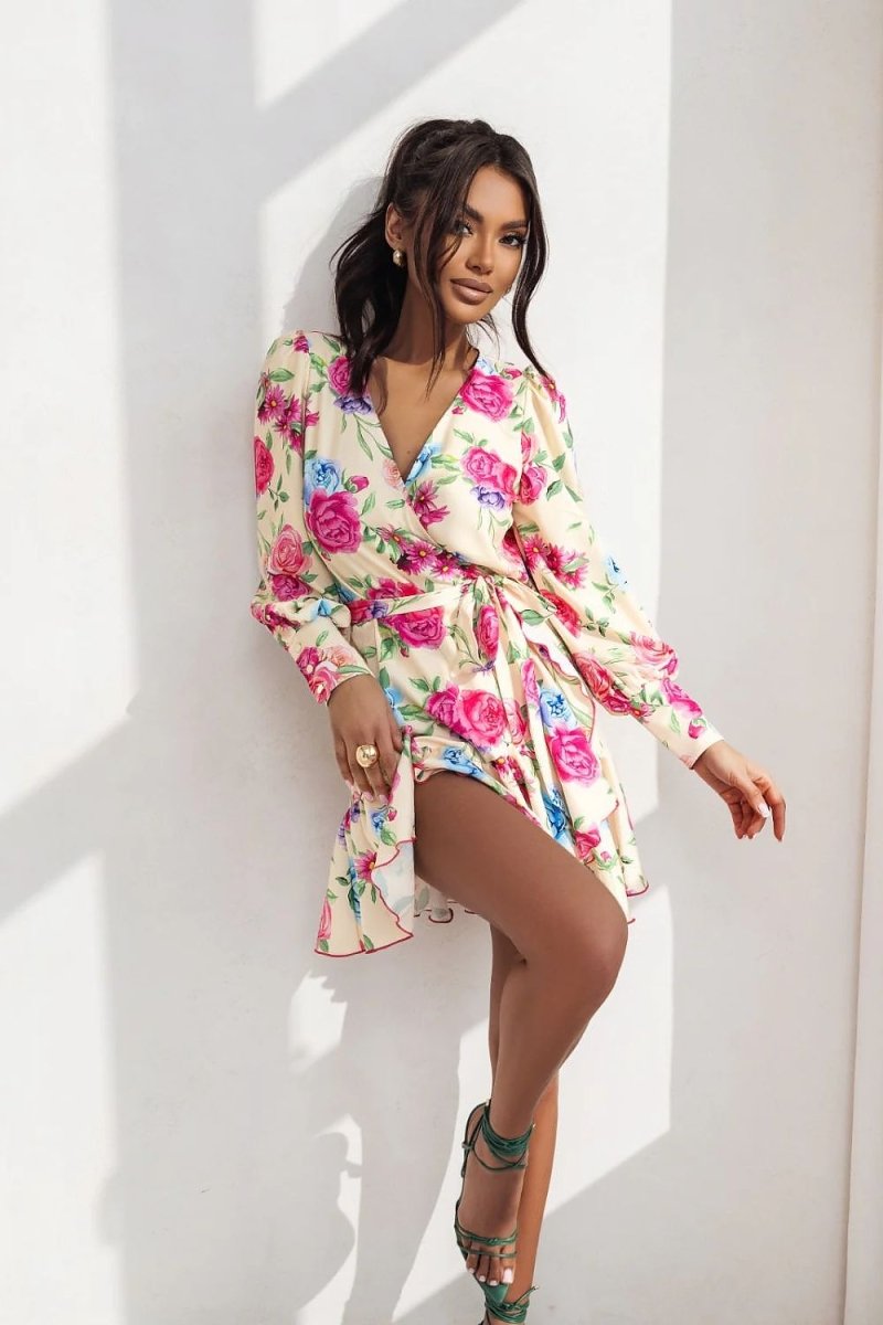 WOW FASHION | Wrap Front Day Dress - Romantic Ruffled Viscose Dress for Women - Wow Store