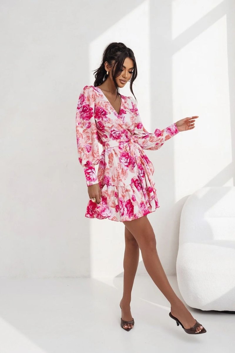 WOW FASHION | Wrap Front Day Dress - Romantic Ruffled Viscose Dress for Women - Wow Store
