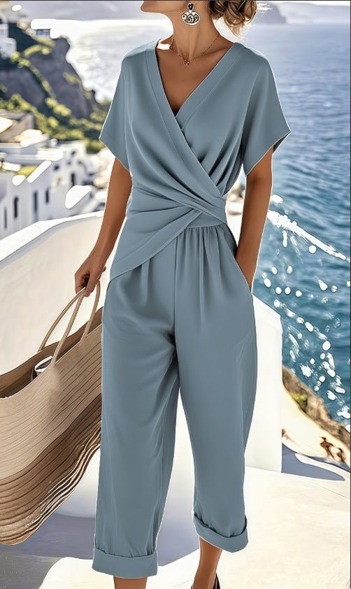Wrap-Front Blouse and Cropped Trousers Set - WowStore.live