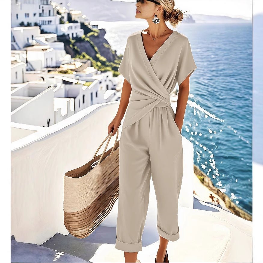 Wrap-Front Blouse and Cropped Trousers Set - WowStore.live