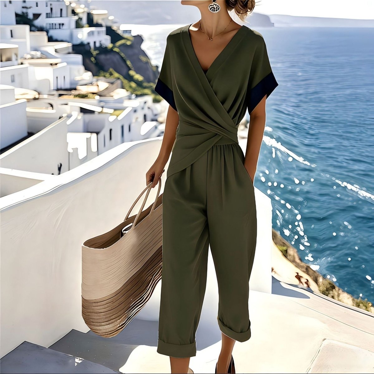 Wrap-Front Blouse and Cropped Trousers Set - WowStore.live