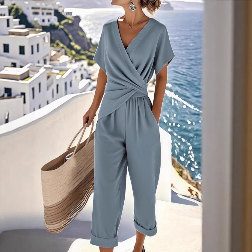 Wrap-Front Blouse and Cropped Trousers Set - WowStore.live