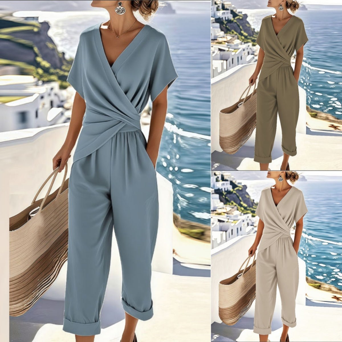 Wrap-Front Blouse and Cropped Trousers Set - WowStore.live