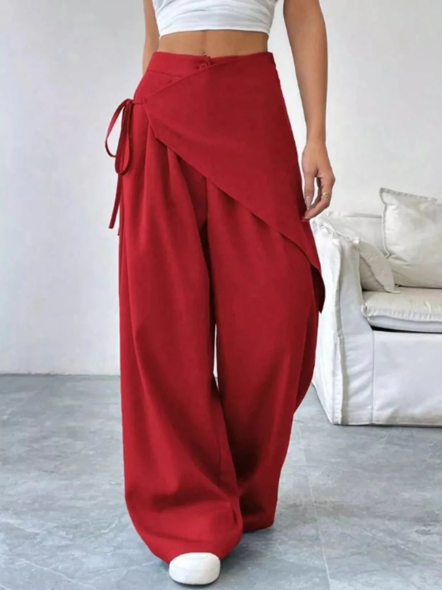 Flowy wrap front wide leg pants with side pockets, elegant silhouette in neutral tone – Wrap Front Wide Leg Pants