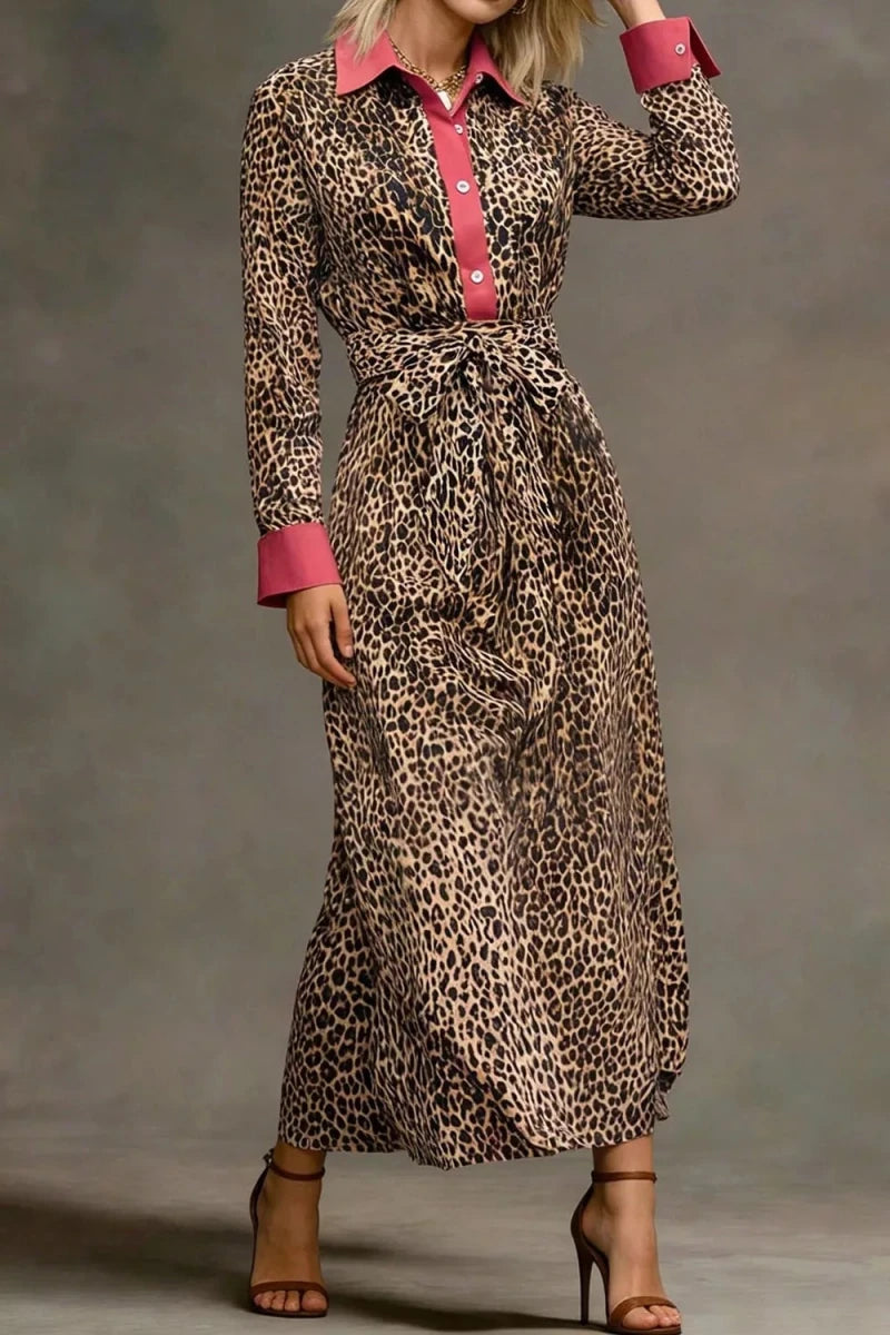 Yio Moda Leopard Print Belted Maxi Shirt Dress - WowStore.live