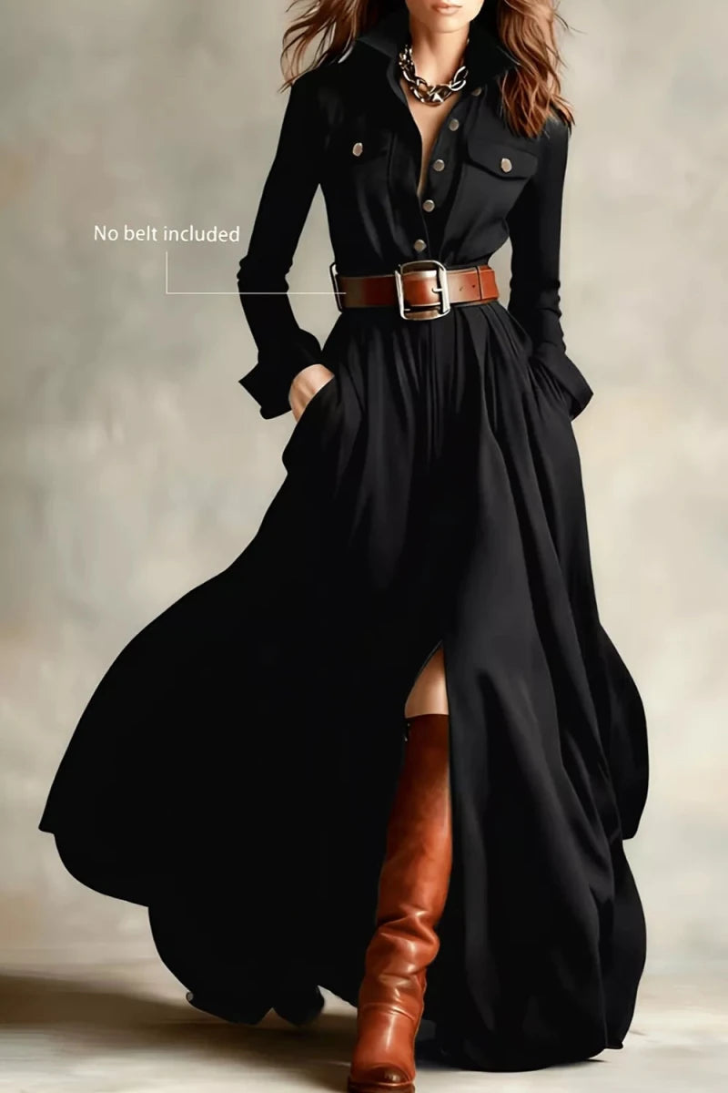 Yio Moda Slit Long Sleeve Maxi Shirt Dress - WowStore.live